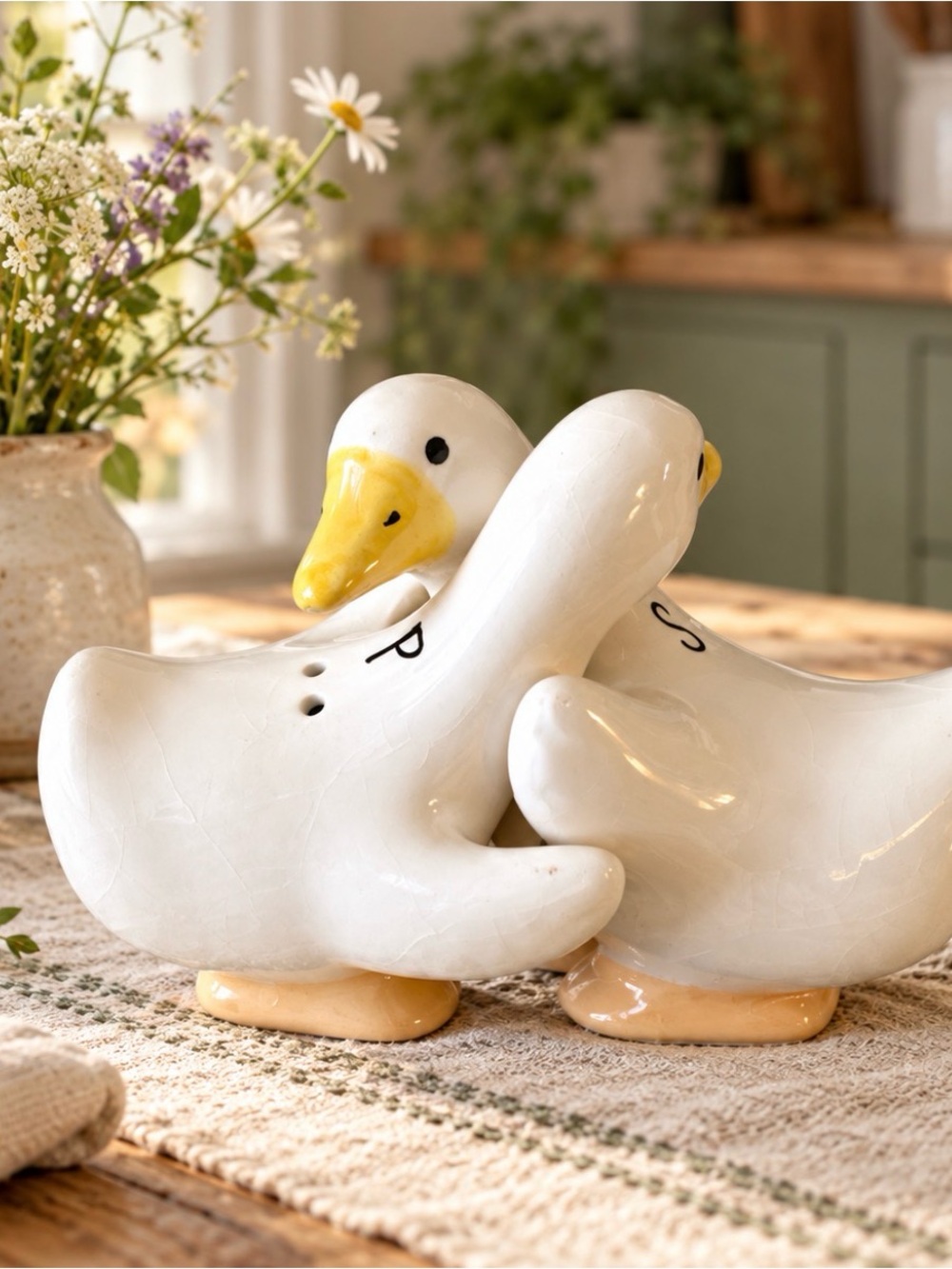 Vintage 1980s hugging ducks Salt & Pepper shakers Goose Geese Country Cottage